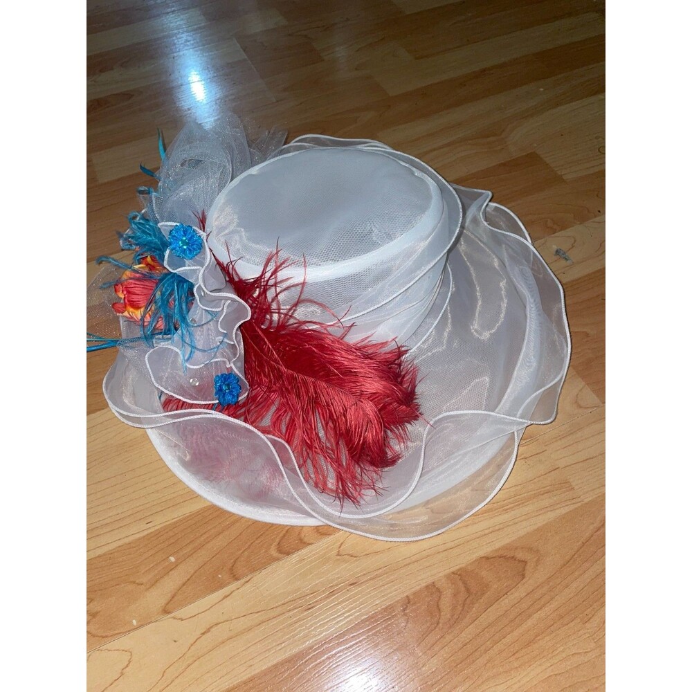 Plaza Suite White Organza Church Derby Hat Red Blue Feather Flower Wide Brim OS
